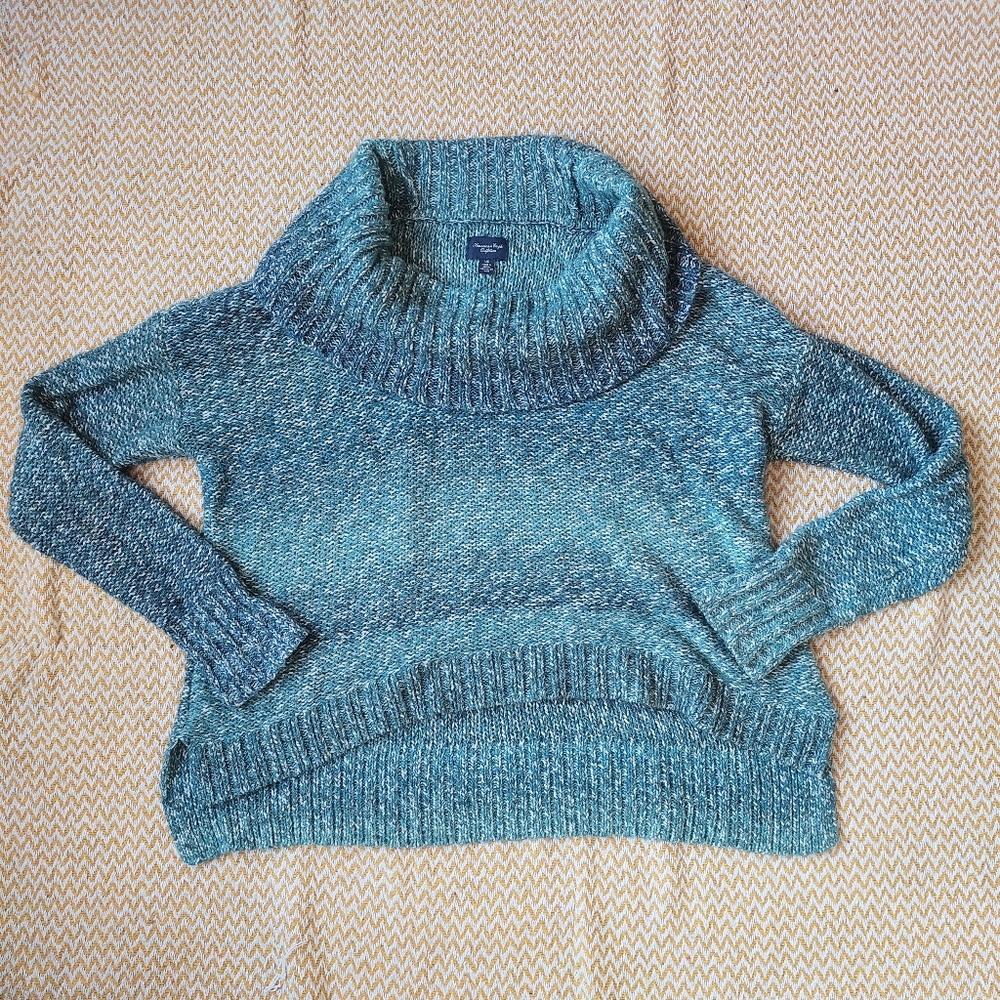 American Eagle Blue Cowl Neck Sweater Cozy Knit Pullover Large Fall Winter